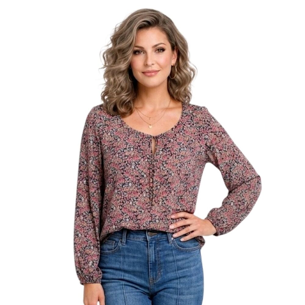 Living Doll Floral Patterned Scoop Neck Tie Long Sleeve Boho Tunic Top Size L